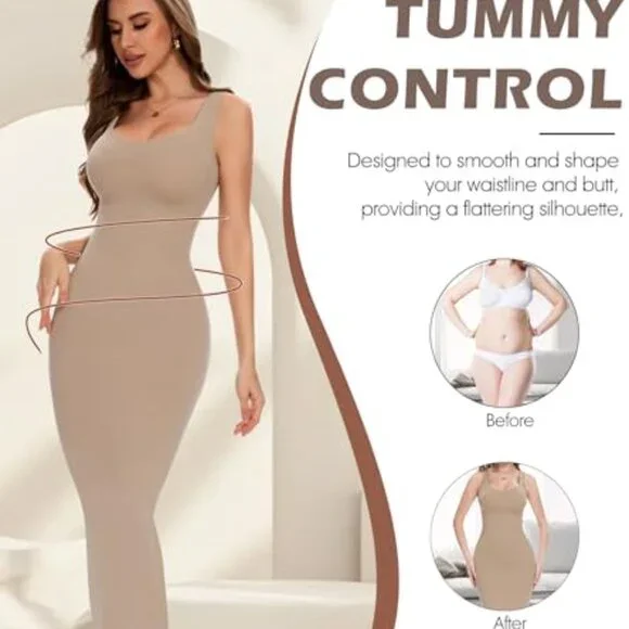 Elegant Slip Dress Tummy Control Shapewear Long Slip Back Slit Minimal Chic